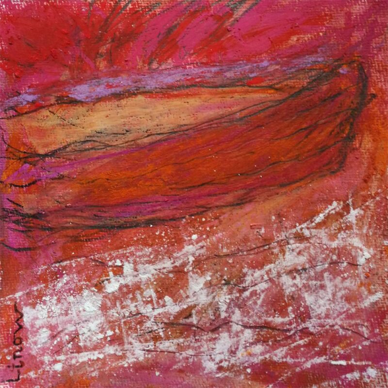 Rød båd i klart vand. Maleri af Erik Linow