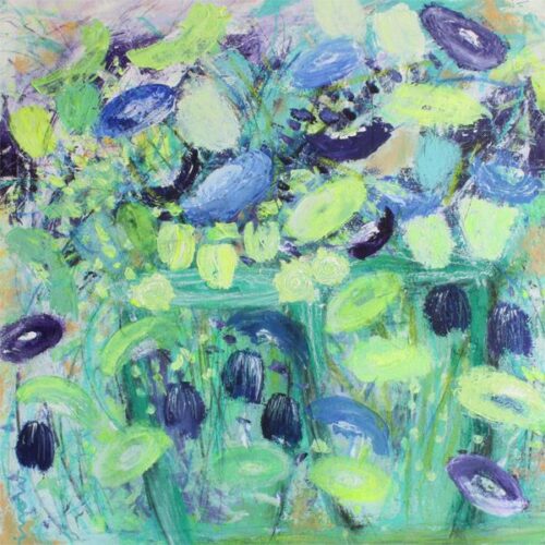 Blomster i blåt og grønt (90 * 90 cm). Maleri af Erik Linow