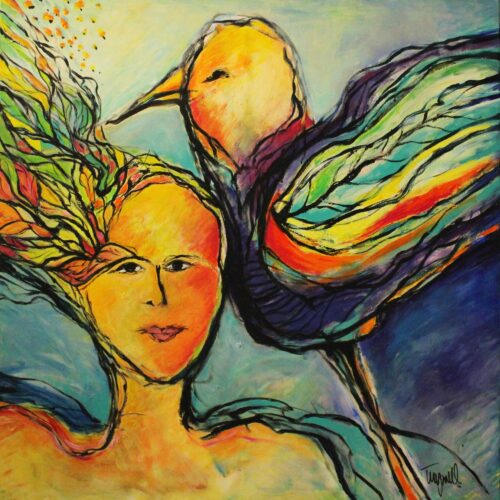 Maleri af kvinde og fugl
